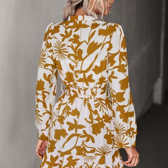 Floral Tie Neck Belted Puff Sleeve Dress - Picture 4 of 6